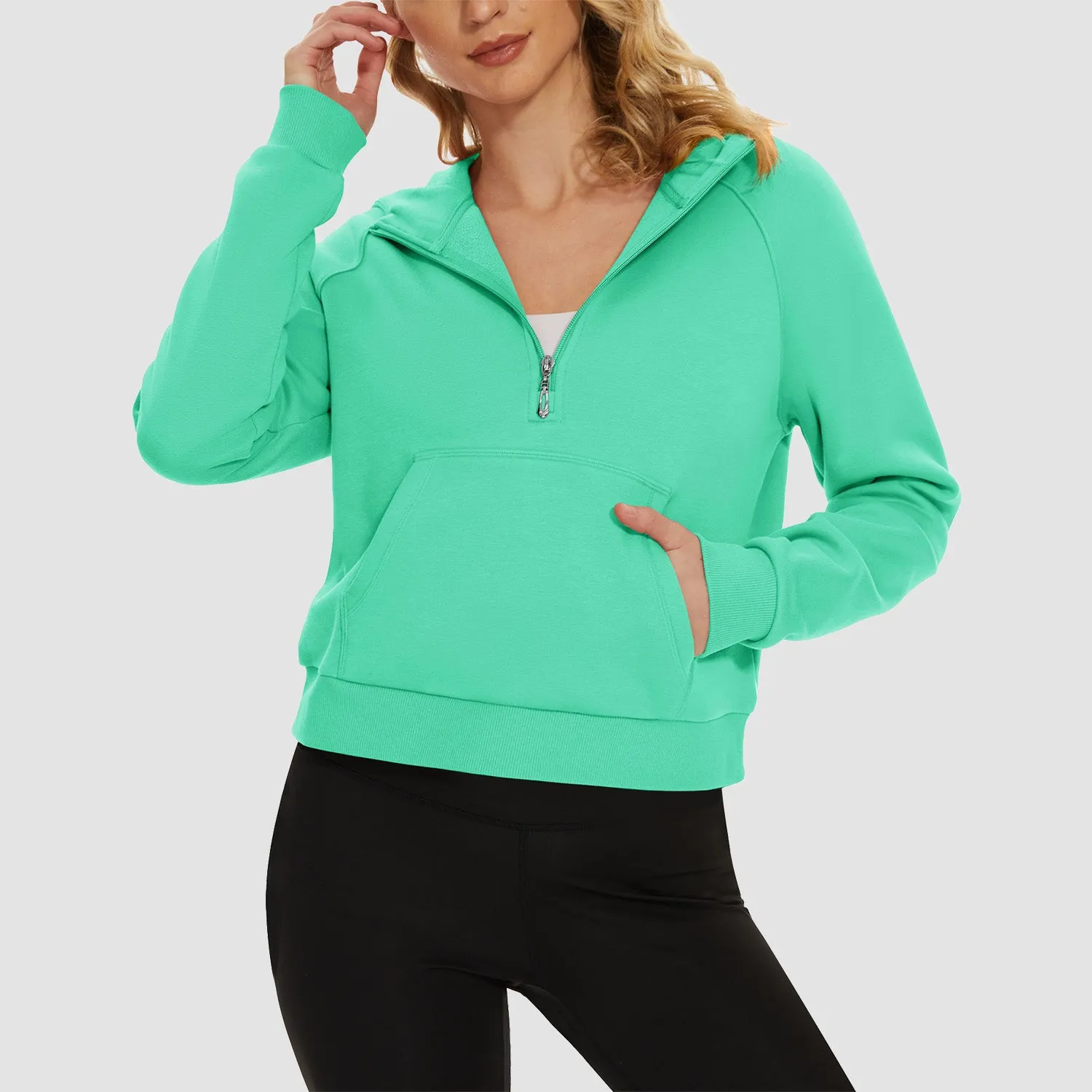 Womens Hoodie Fleece Lined 1/2 Zipper Sweatshirts Long Sleeve Crop Tops With Kangaroo Pocket