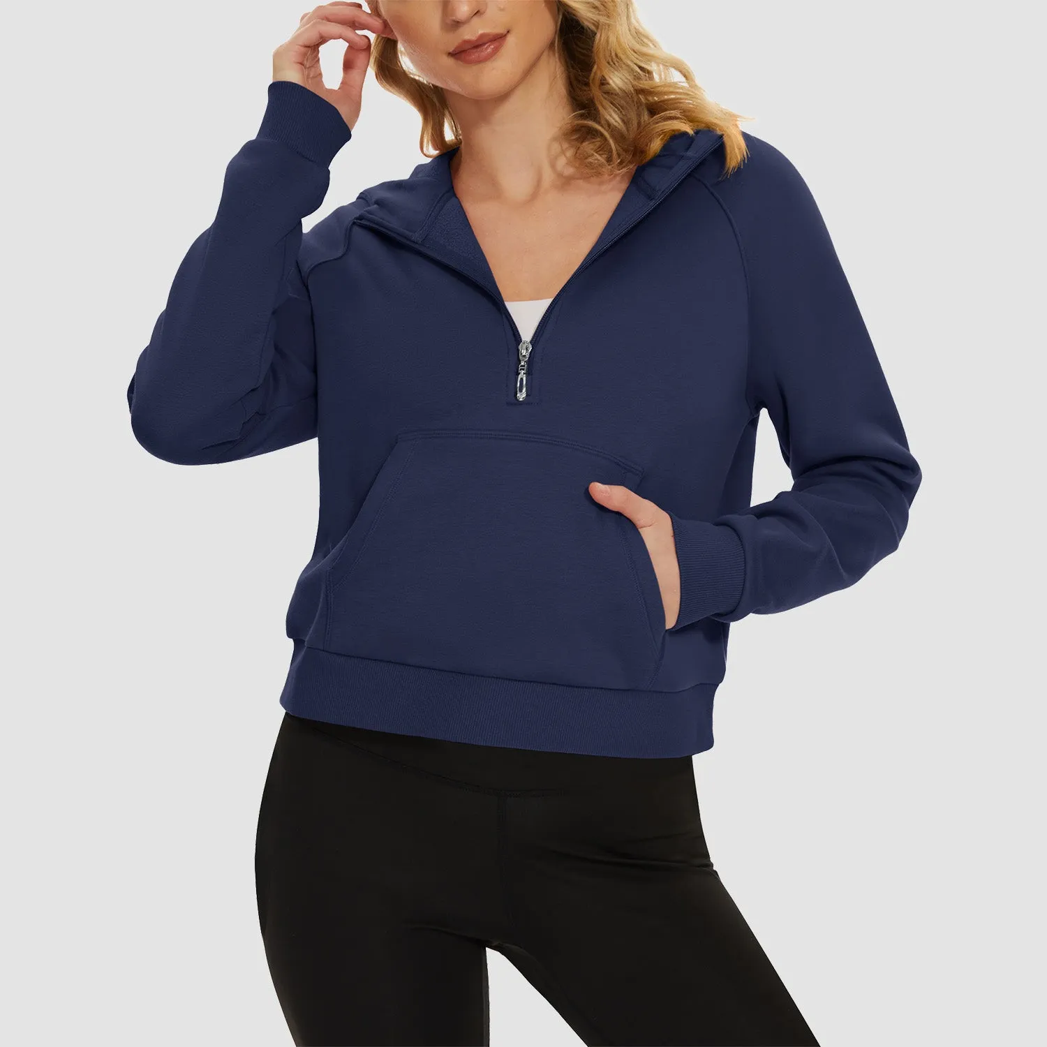 Womens Hoodie Fleece Lined 1/2 Zipper Sweatshirts Long Sleeve Crop Tops With Kangaroo Pocket