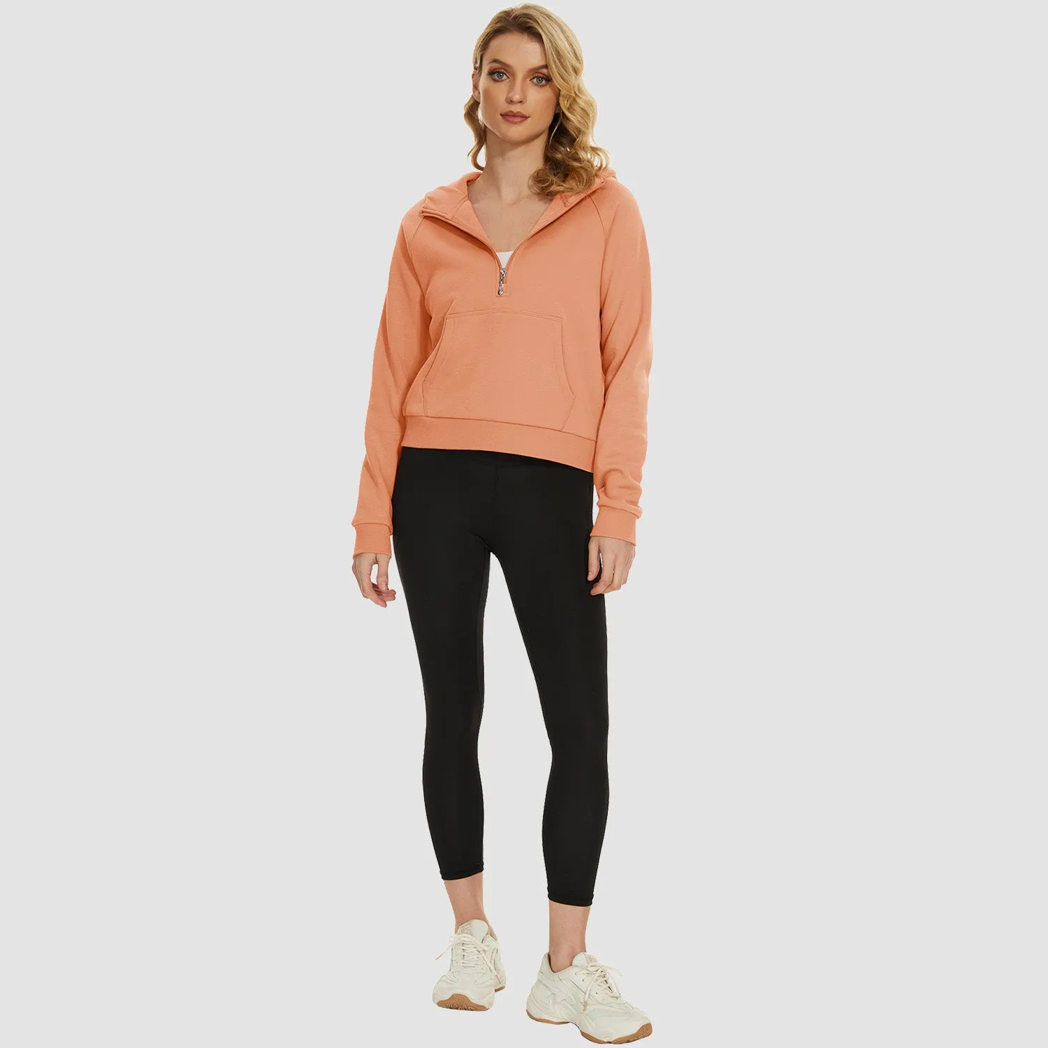 Womens Hoodie Fleece Lined 1/2 Zipper Sweatshirts Long Sleeve Crop Tops With Kangaroo Pocket