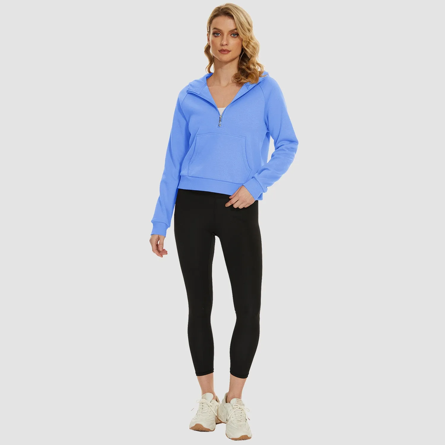 Womens Hoodie Fleece Lined 1/2 Zipper Sweatshirts Long Sleeve Crop Tops With Kangaroo Pocket