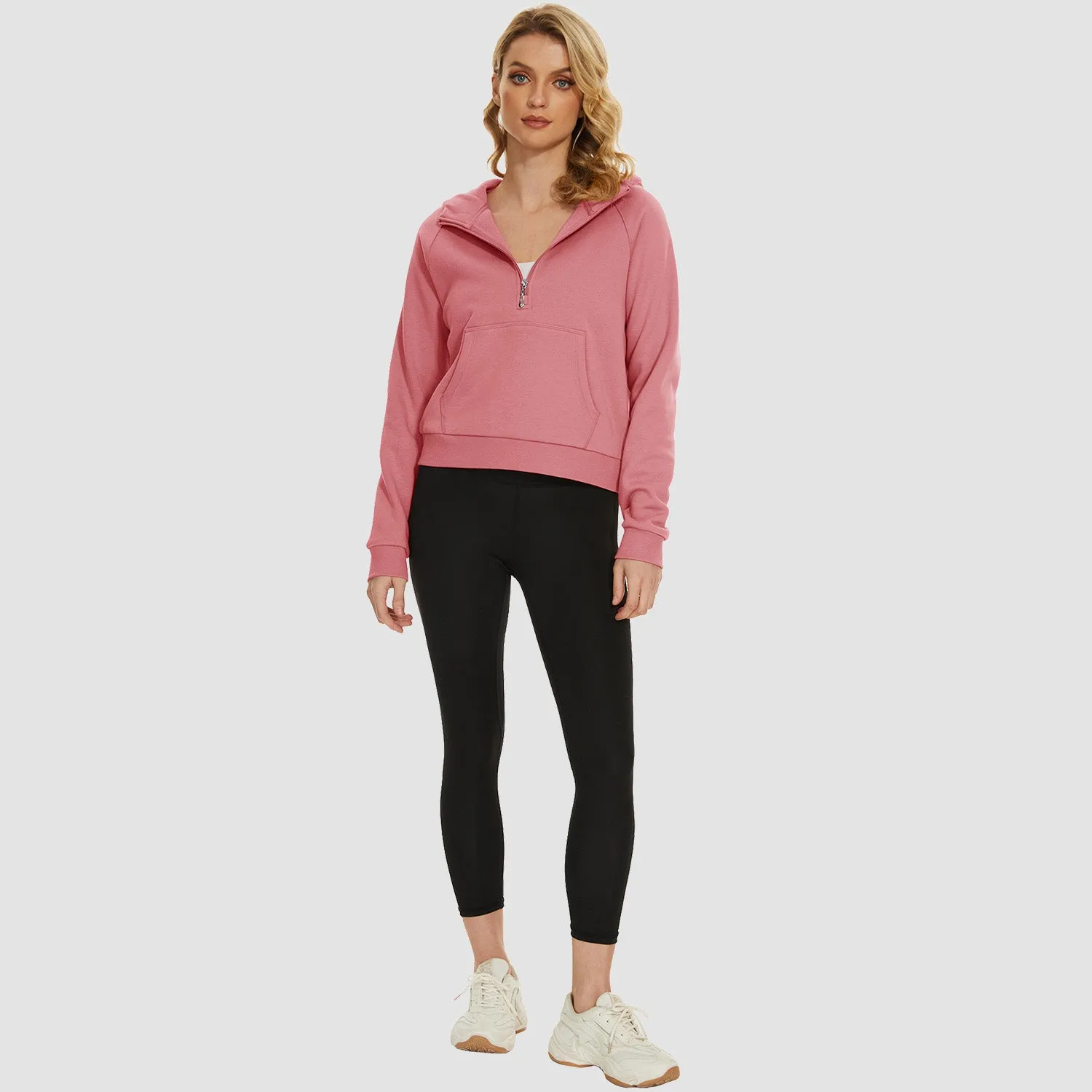 Womens Hoodie Fleece Lined 1/2 Zipper Sweatshirts Long Sleeve Crop Tops With Kangaroo Pocket