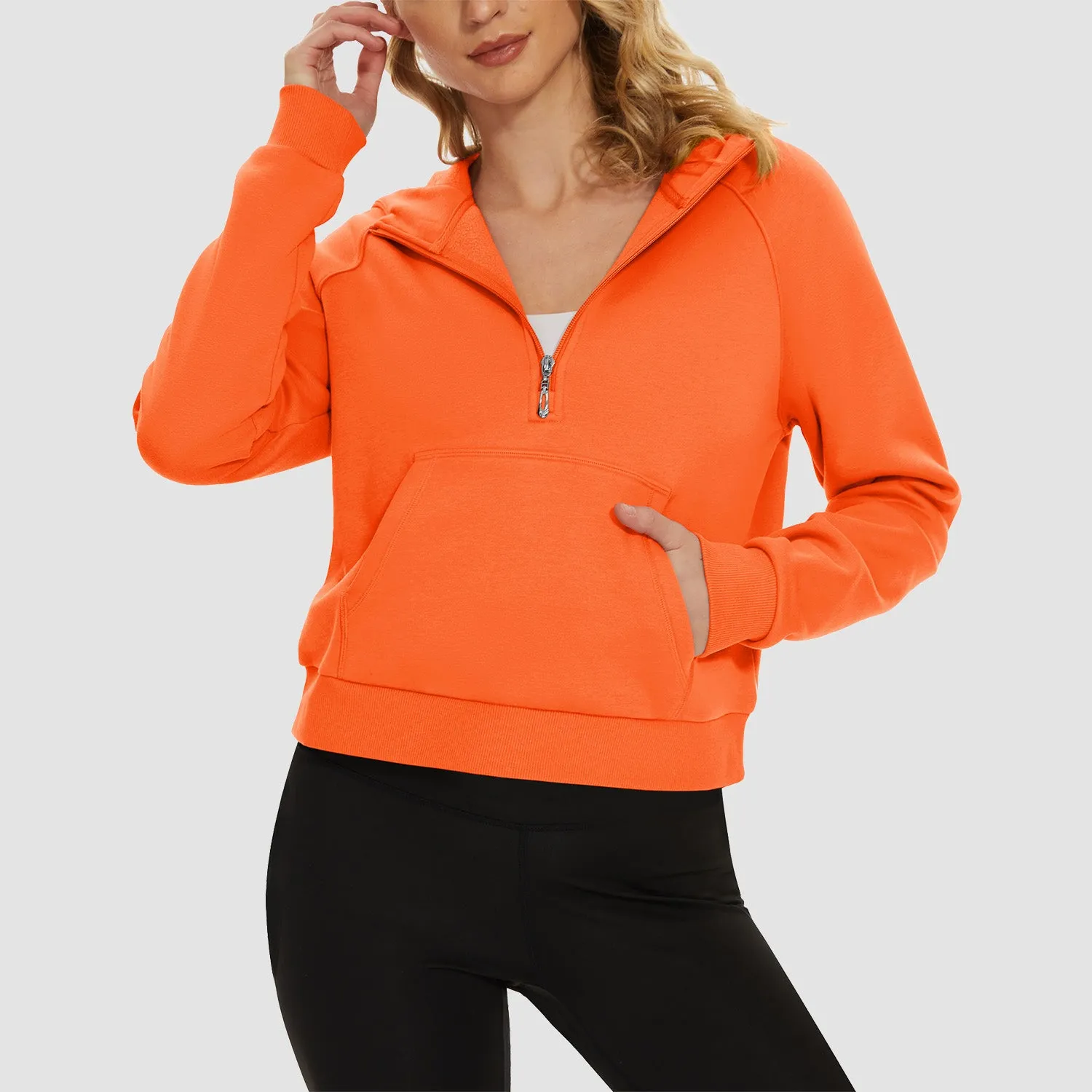 Womens Hoodie Fleece Lined 1/2 Zipper Sweatshirts Long Sleeve Crop Tops With Kangaroo Pocket