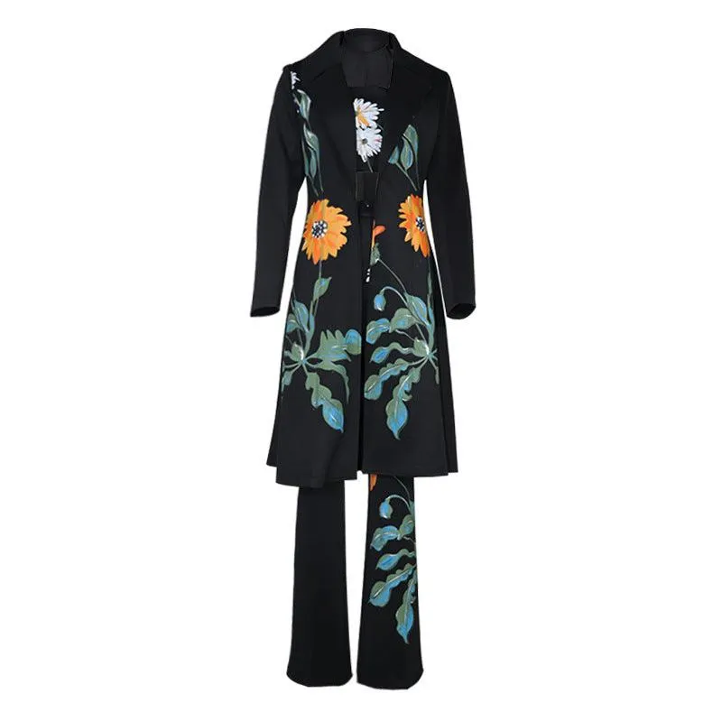 Women’s Long Floral Print Trench Coat & Pant Set - Elegant Office Style