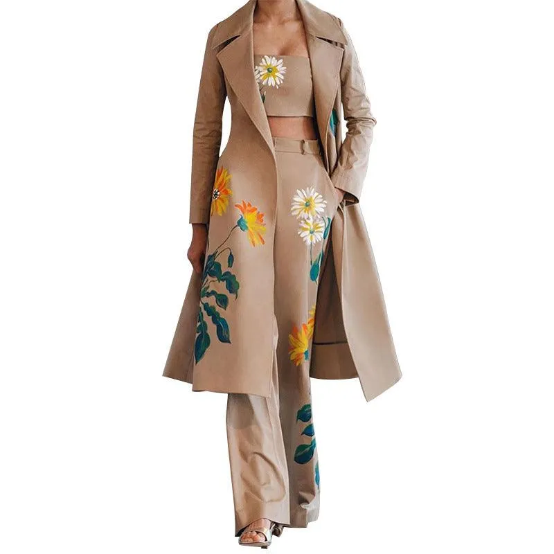 Women’s Long Floral Print Trench Coat & Pant Set - Elegant Office Style