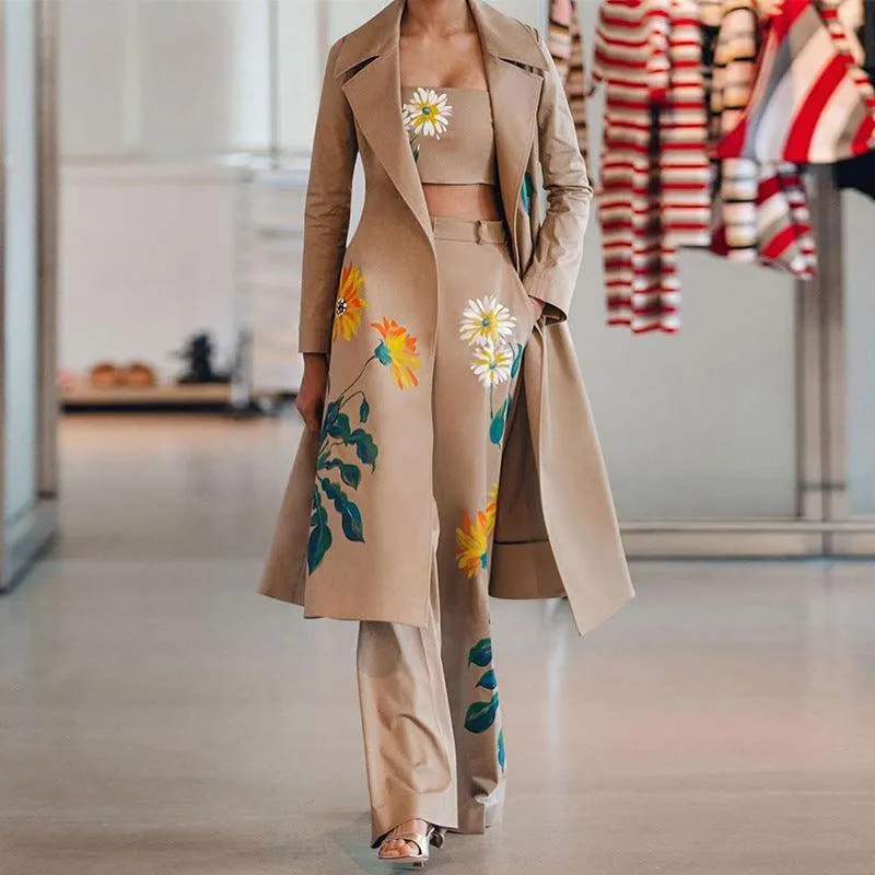 Women’s Long Floral Print Trench Coat & Pant Set - Elegant Office Style