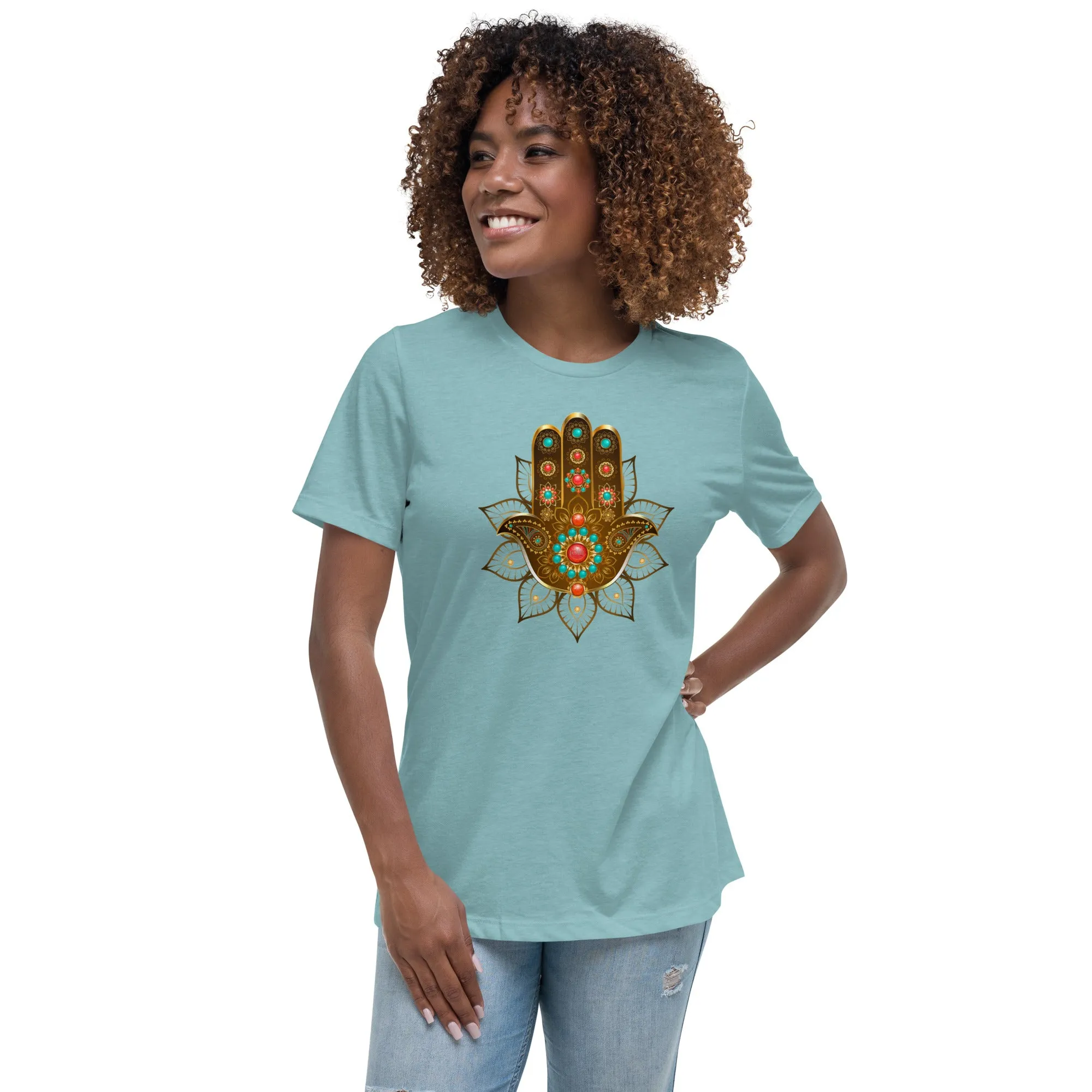 Women's Relaxed Soft & Smooth Premium Quality T-Shirt Gold Bead Hamsa Design by IOBI Original Apparel