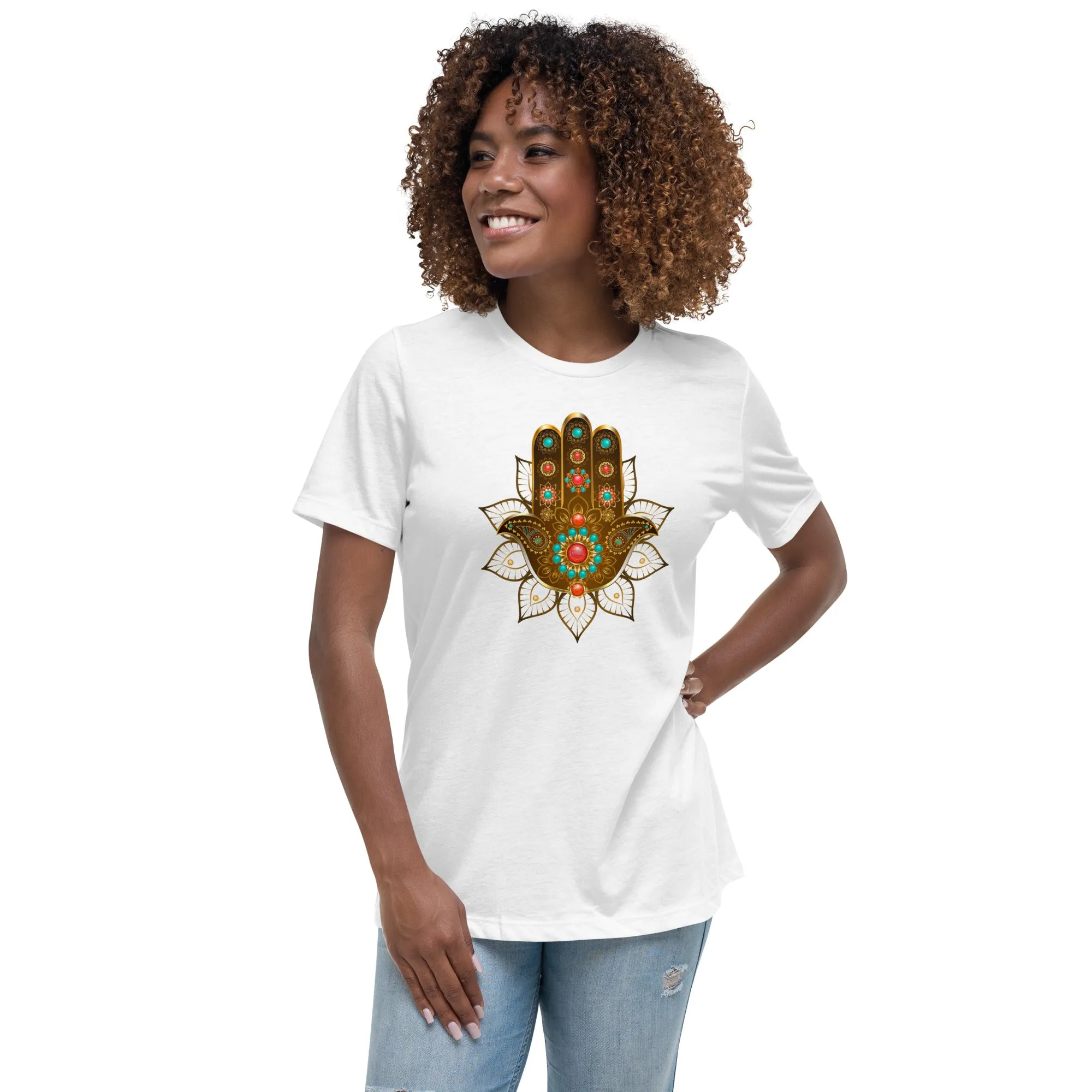 Women's Relaxed Soft & Smooth Premium Quality T-Shirt Gold Bead Hamsa Design by IOBI Original Apparel