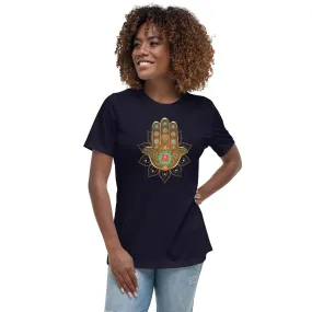 Women's Relaxed Soft & Smooth Premium Quality T-Shirt Gold Bead Hamsa Design by IOBI Original Apparel