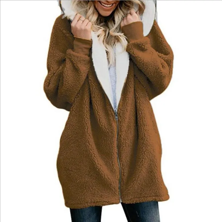 Women's zipper fleece coat hooded winter coat