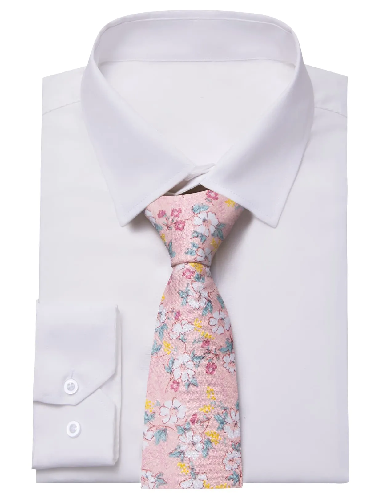 YourTies White Solid Long Sleeve Shirt with Light Pink Floral Silk Tie for Men